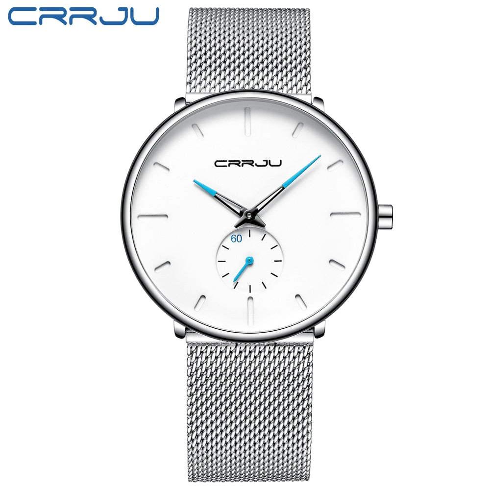 CRRJU Mens Simple Slim Quartz Watch Black Steel Mesh Ultra Thin Men Watches  Top Brand Luxury Waterproof Black Male Wrist Watch